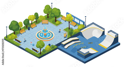 Isometric illustration of a park with a fountain and a skatepark.