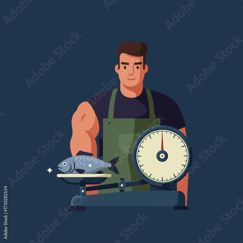 Fishmonger weighing a fish on scales against a dark background