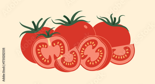 Illustration of whole and sliced ripe red tomatoes.