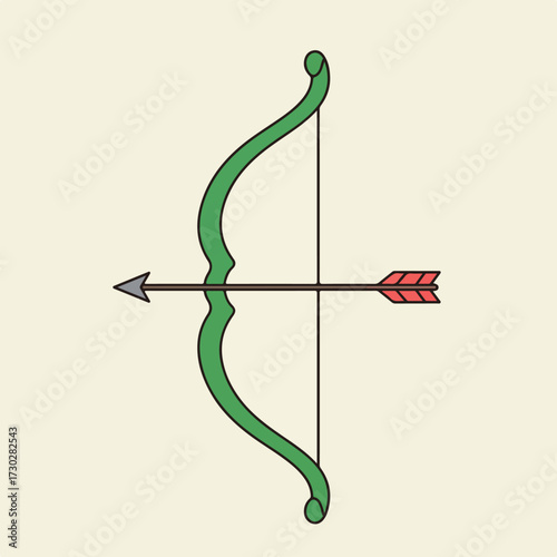 Green stylized bow with arrow, ready to be shot on a cream background