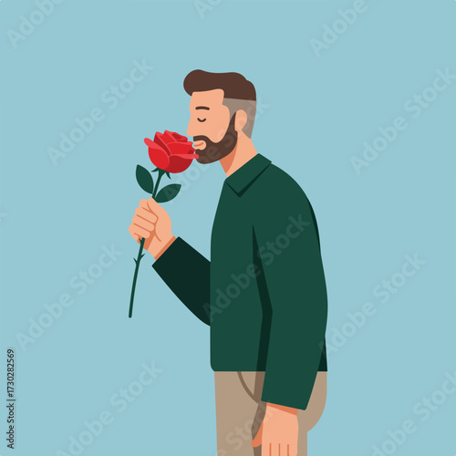 Man sniffs a red rose