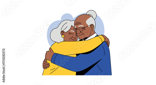 An illustration of an elderly Black couple embracing warmly, symbolizing love and connection in their golden years.