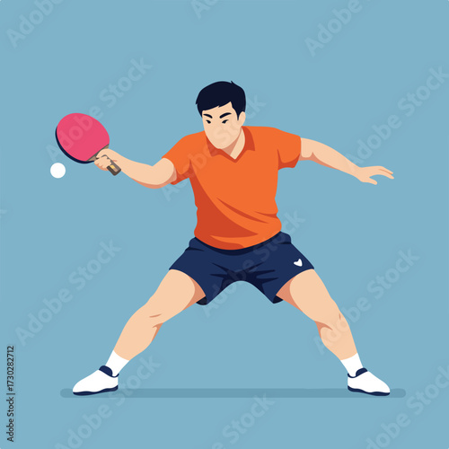 Table tennis player with a red paddle and ping pong ball in flat style