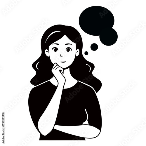 Thinking young woman speech bubble black silhouette vector design on white background