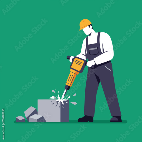 Construction worker using jackhammer on stone against a green background