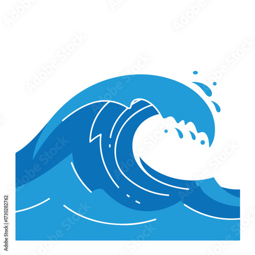 Stylized, blue ocean wave with white accents and splashing water droplets