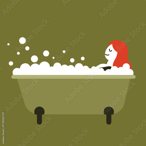 Woman relaxing in olive green tub full of white bubbles on olive backdrop