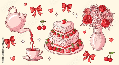A charming collection of hand-drawn romantic elements including a heart-shaped cake, a tea set, a vase of roses, and decorative bows.