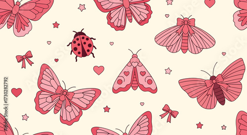 A charming seamless pattern featuring pink butterflies, moths, ladybugs, hearts, and bows on a cream background.