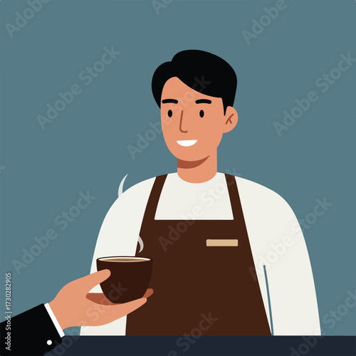 Smiling server offers steaming coffee, wearing apron on a blue background