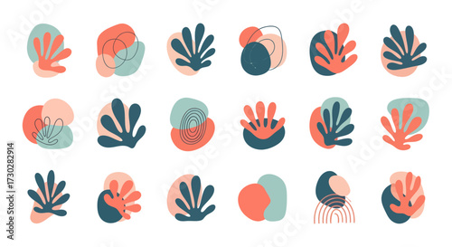 A collection of abstract organic shapes and plant-like forms in a muted color palette of coral, teal, and beige.
