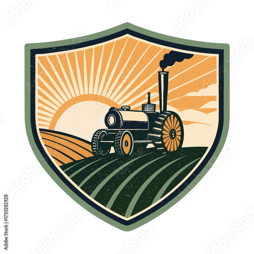 Vintage tractor plowing a field under a rising sun within a crest.