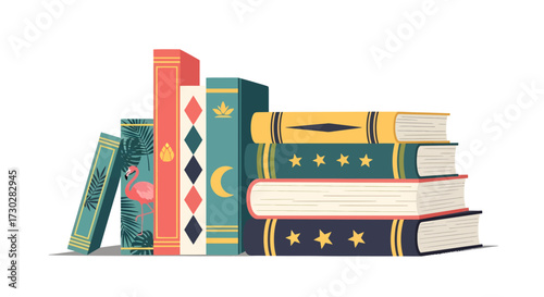 Illustration of a stack of colorful books with various designs on their spines.