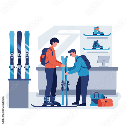 Ski shop scene. Two men inspect skis near a counter. Boots are displayed