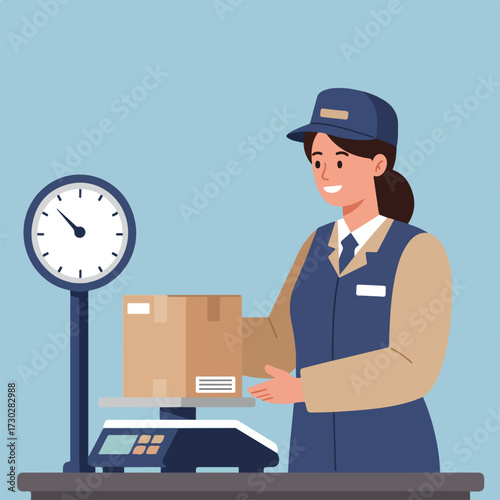 Smiling delivery woman weighing package with scale against light blue backdrop