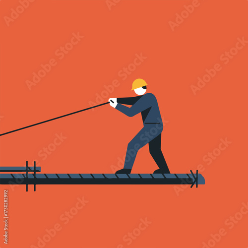 Worker in hardhat pulling line near rebar against orange