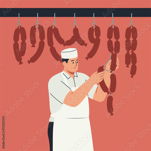 Butcher inspecting sausages hanging on hooks against a red wall, wearing chef's hat