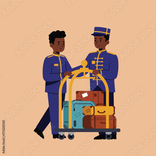 Bellhops pushing a luggage trolley