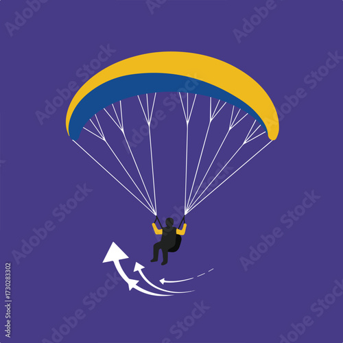Paraglider soars with curved arrows beneath, against a dark purple background