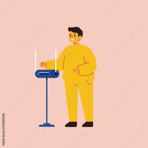 Man plays a theremin, a blue instrument with two antenna-like rods