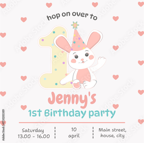Invitation, children's birthday, bunny, rabbit, number 1, hearts, Jenny's 1st birthday