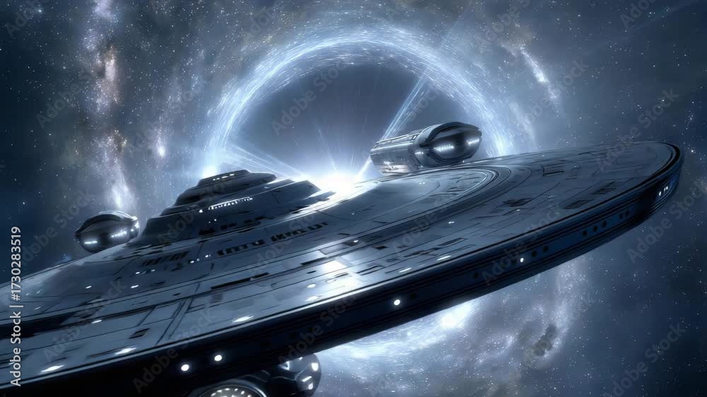 Metallic spaceship entering circular wormhole portal with radiant energy beams and vast starfield illuminated behind