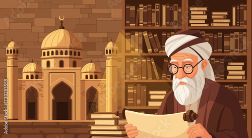 Illustration portraying Middle Eastern scholar amidst historical architecture and books