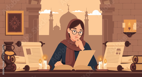 The depiction of a woman diligently studying manuscripts within a historical muslim backdrop