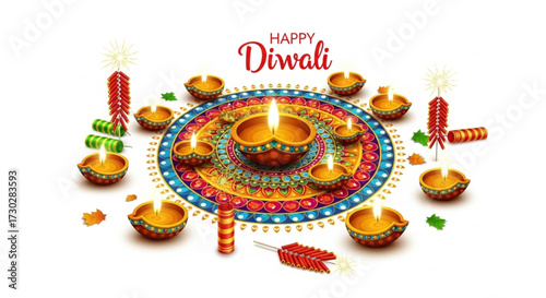 Diwali Festival Background with Traditional Oil Lamps, Rangoli, and Firecrackers vector illustration