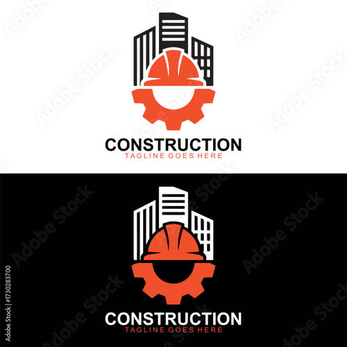 Modern Construction and architecture Logo Design with Hard Hat, Buildings and Gear Icon