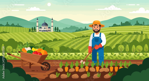 Illustrative landscape of rural farming with a farmer and distant mosque view