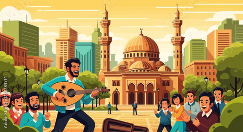 Harmonious gathering with oud music in the backdrop of a majestic mosque