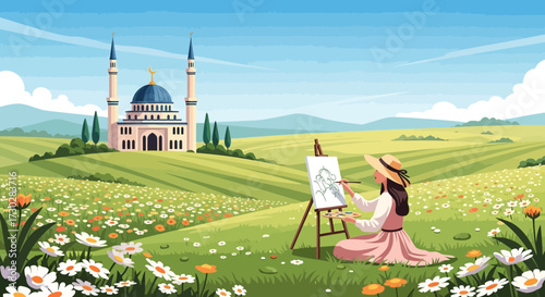 An artist captures the tranquility of an Islamic mosque amid a blossoming meadow