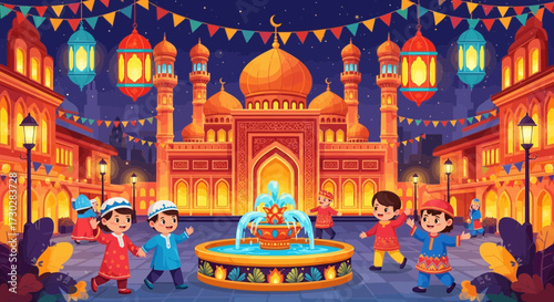 Whimsical Ramadan Night Scene with Children Playing near a Majestic Mosque