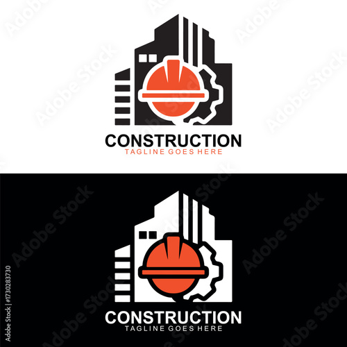 Modern Construction and architecture Logo Design with Hard Hat, Buildings and Gear Icon