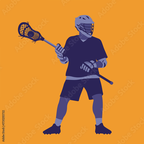 Lacrosse player holding stick, helmeted, gloved, on orange background
