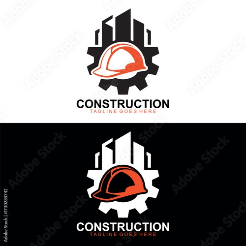 Modern Construction and architecture Logo Design with Hard Hat, Buildings and Gear Icon