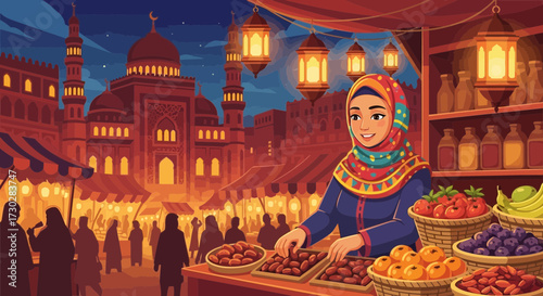 Vibrant Ramadan market scene featuring a cheerful vendor in traditional attire