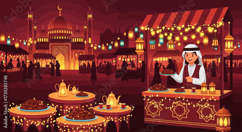 Illustration of a festive Ramadan market scene with dates and traditional elements