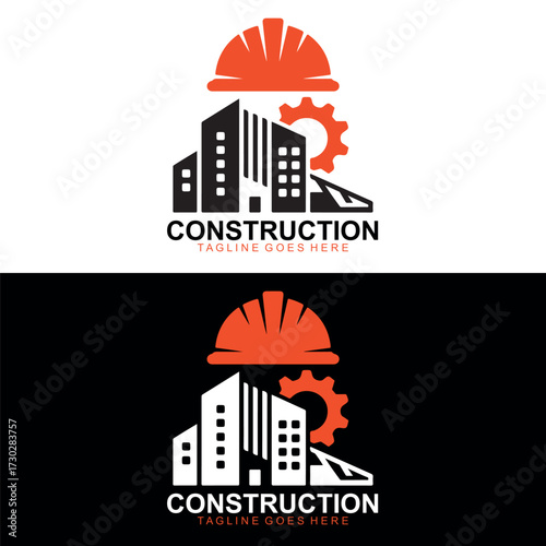 Modern Construction and architecture Logo Design with Hard Hat, Buildings and Gear Icon