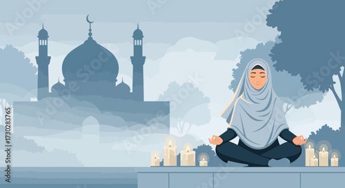 Serene contemplation: Muslim woman meditates by candlelight near a mosque silhouette