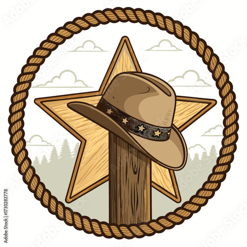 A cowboy hat rests on a wooden post against a star.