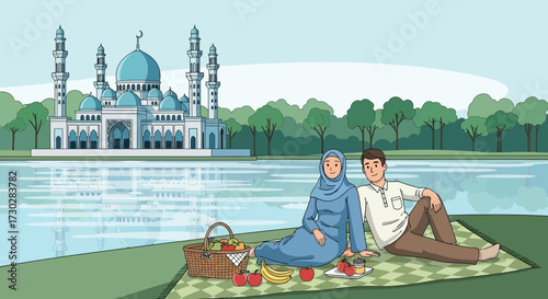 Muslim couple enjoying a serene picnic day near a majestic mosque architecture