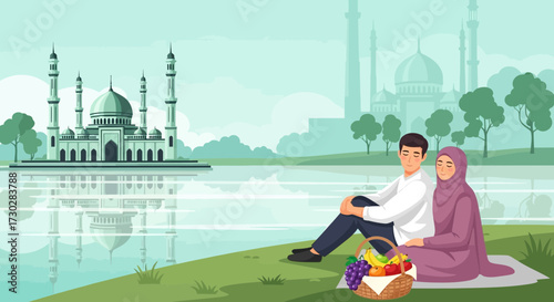 Couple enjoying a peaceful picnic with a picturesque mosque background reflecting on water