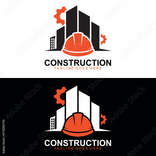 Modern Construction and architecture Logo Design with Hard Hat, Buildings and Gear Icon