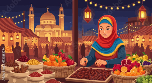 Vibrant islamic marketplace illustration with muslim woman and various local foods