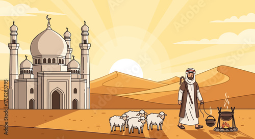 Illustration of a shepherd and his flock with a desert backdrop and majestic mosque