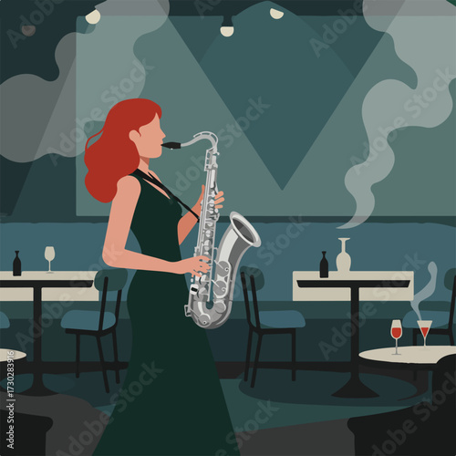 Woman plays saxophone in jazz club with drinks, tables, and atmospheric lighting