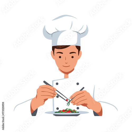 Chef precisely plates dish with chopsticks, wearing white uniform and toque