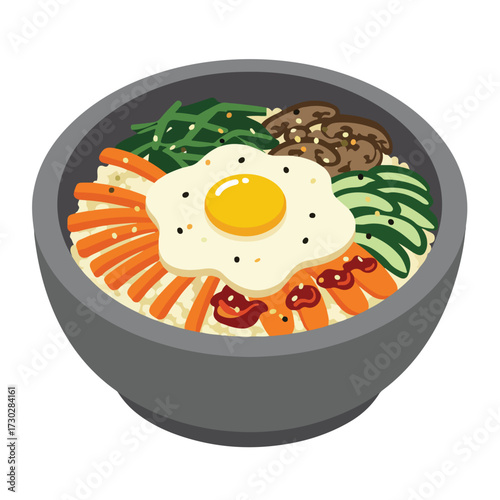 Cartoon bowl with egg, rice, carrots, greens, mushrooms, cucumbers, and sauce